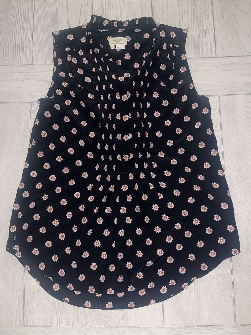 kate spade Black Sleeveless Pintuck Tank with Pink Floral Print